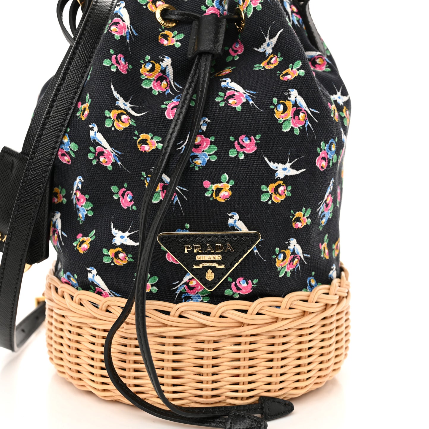 Wicker Canvas Floral Print Bucket Bag Black Multicolor