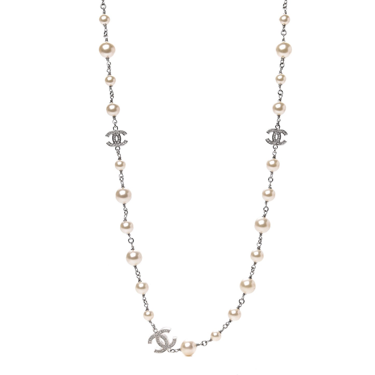 Crystal Pearl CC Necklace Silver