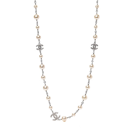 Chanel Crystal Pearl CC Necklace Silver 1 of 5