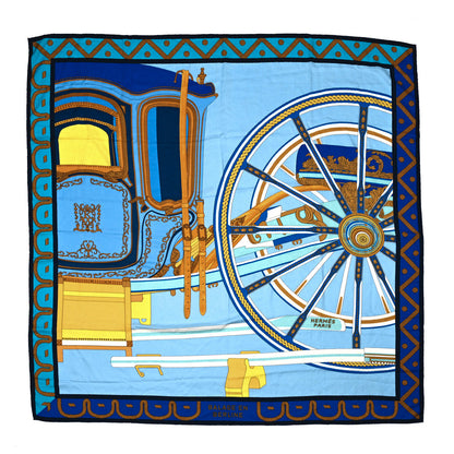 Hermes Cashmere Silk Balade En Berline Shawl 140 Bleu Ciel Jaune Vif Bleu Vif 1 of 8