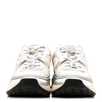 Chanel Fabric Laminated Calfskin Stretch CC Womens Sneakers 36 White Silver 3 of 12