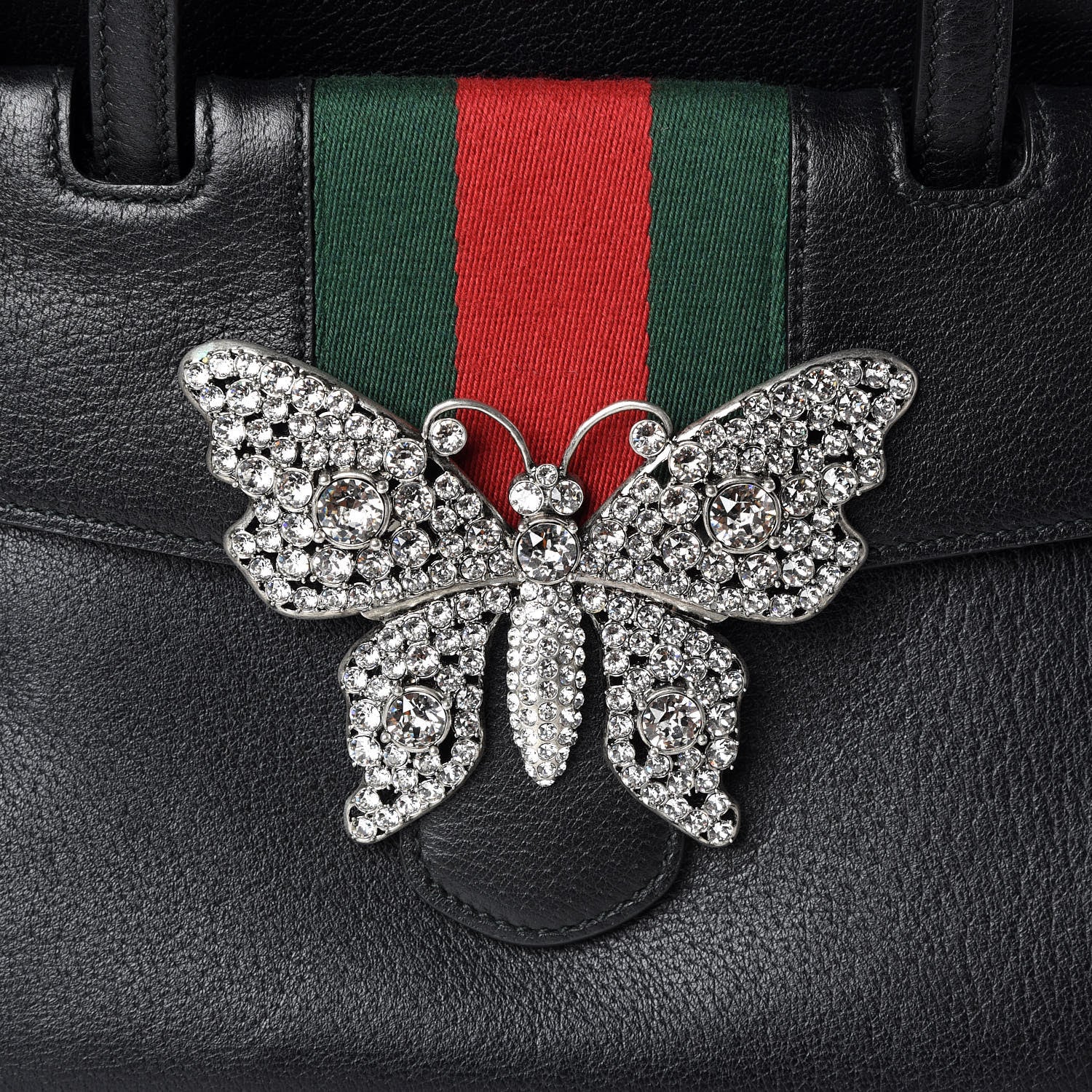Gucci Grained Calfskin Web Crystal Butterfly Stripe Medium Totem Top Handle Bag Black 13 of 13