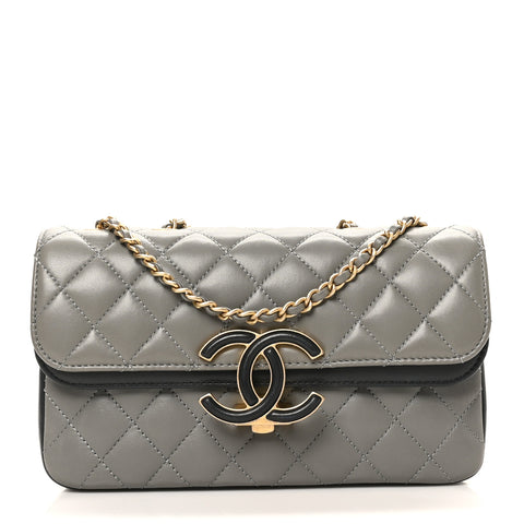 Lambskin Quilted Small CC Chic Flap Grey Dark Navy