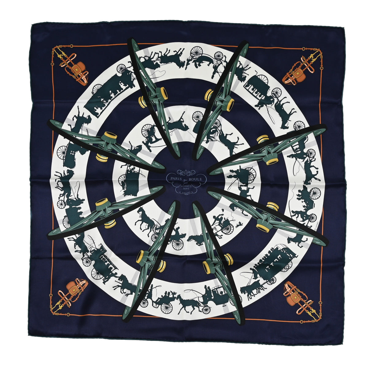 Silk Paris Qui Roule Scarf 70 Bleu Marine White Vert Cypress