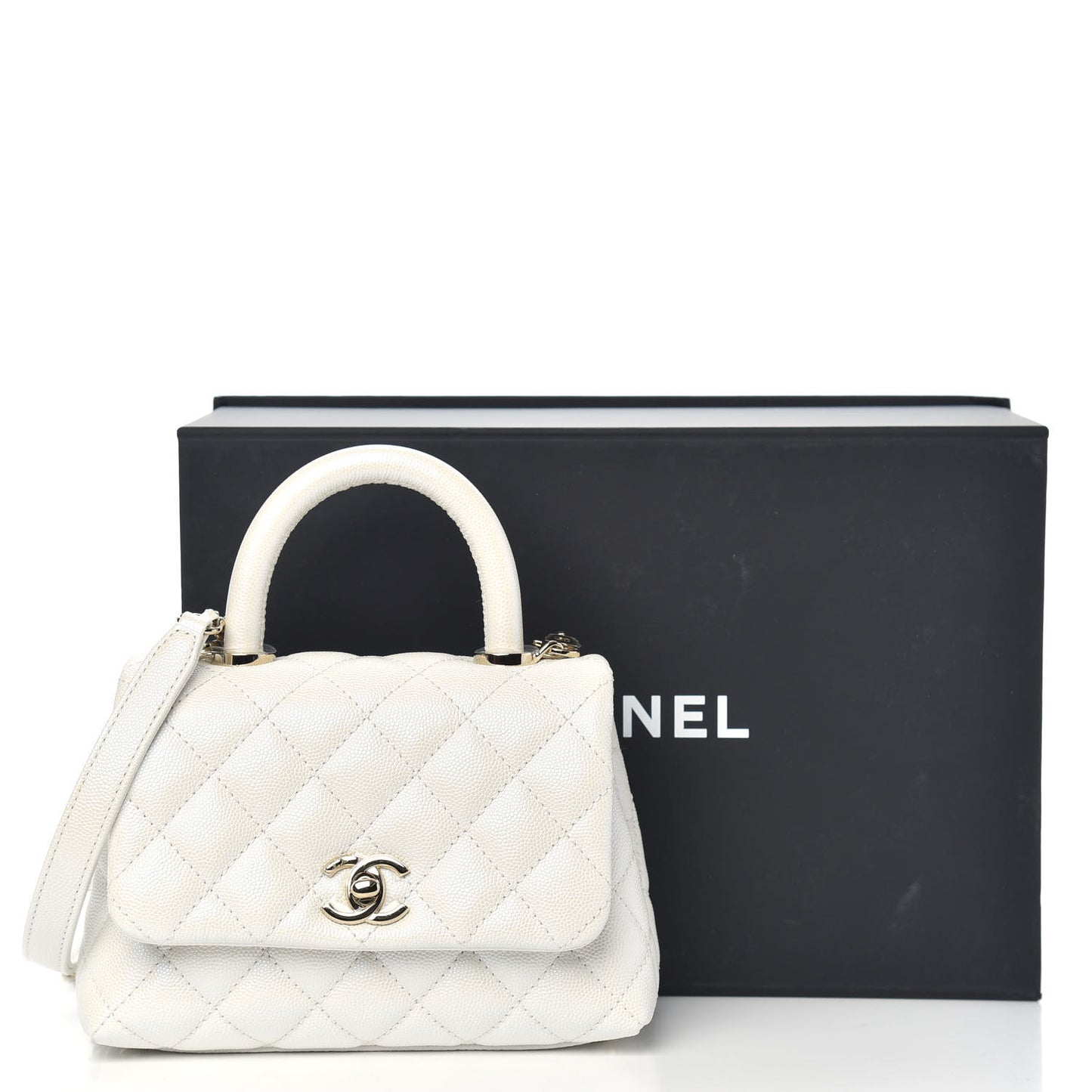 Iridescent Caviar Quilted Extra Mini Coco Handle Flap White