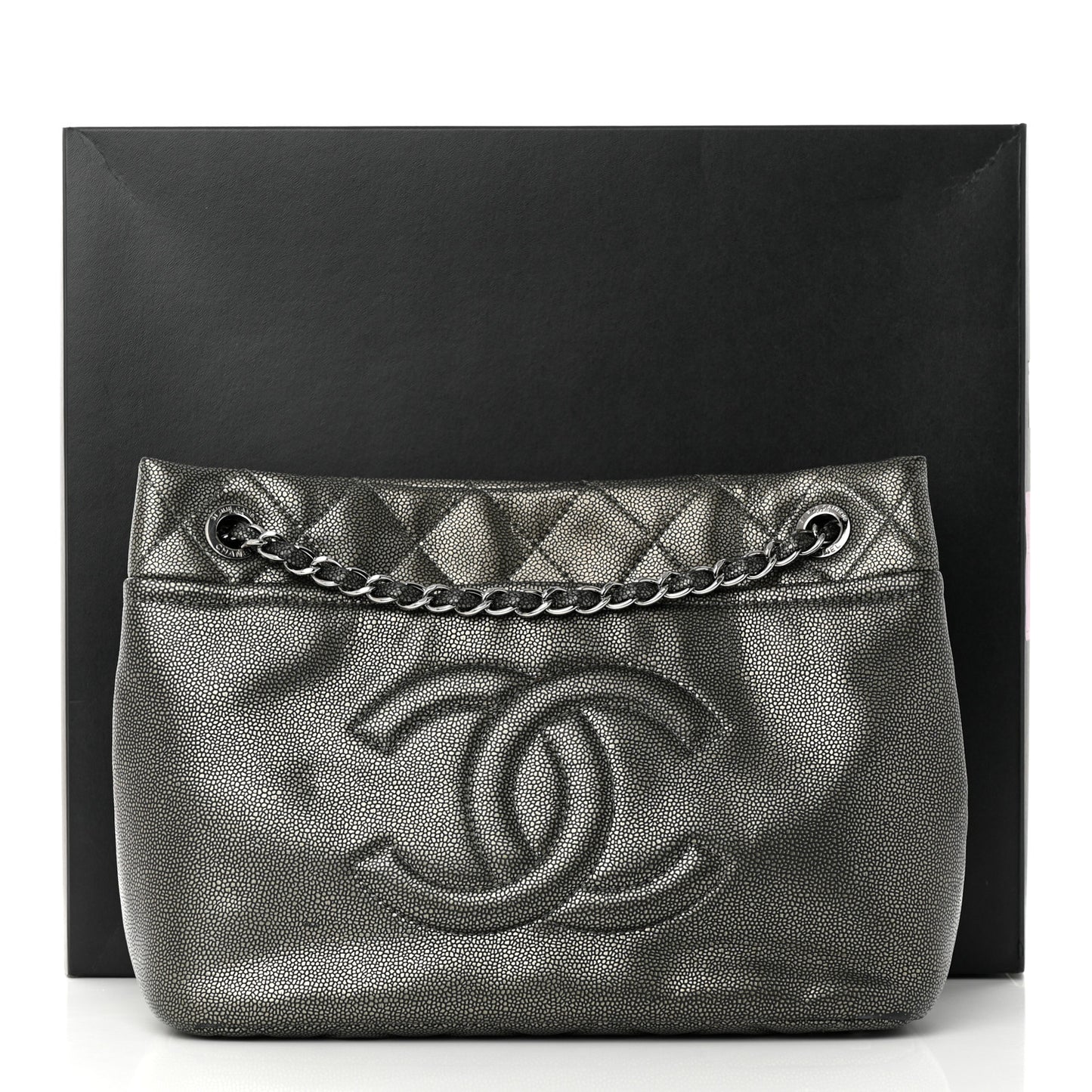 Metallic Caviar Quilted CC Timeless Tote Dark Silver