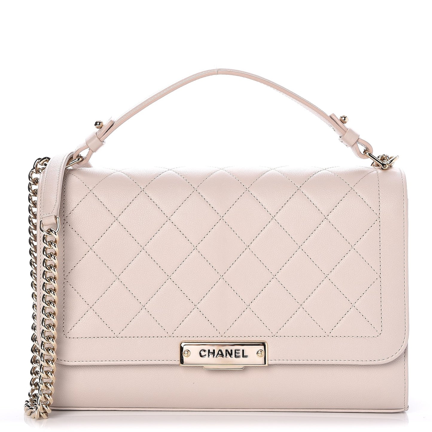 Grained Calfskin Quilted Large Label Click Flap Bag Light Beige