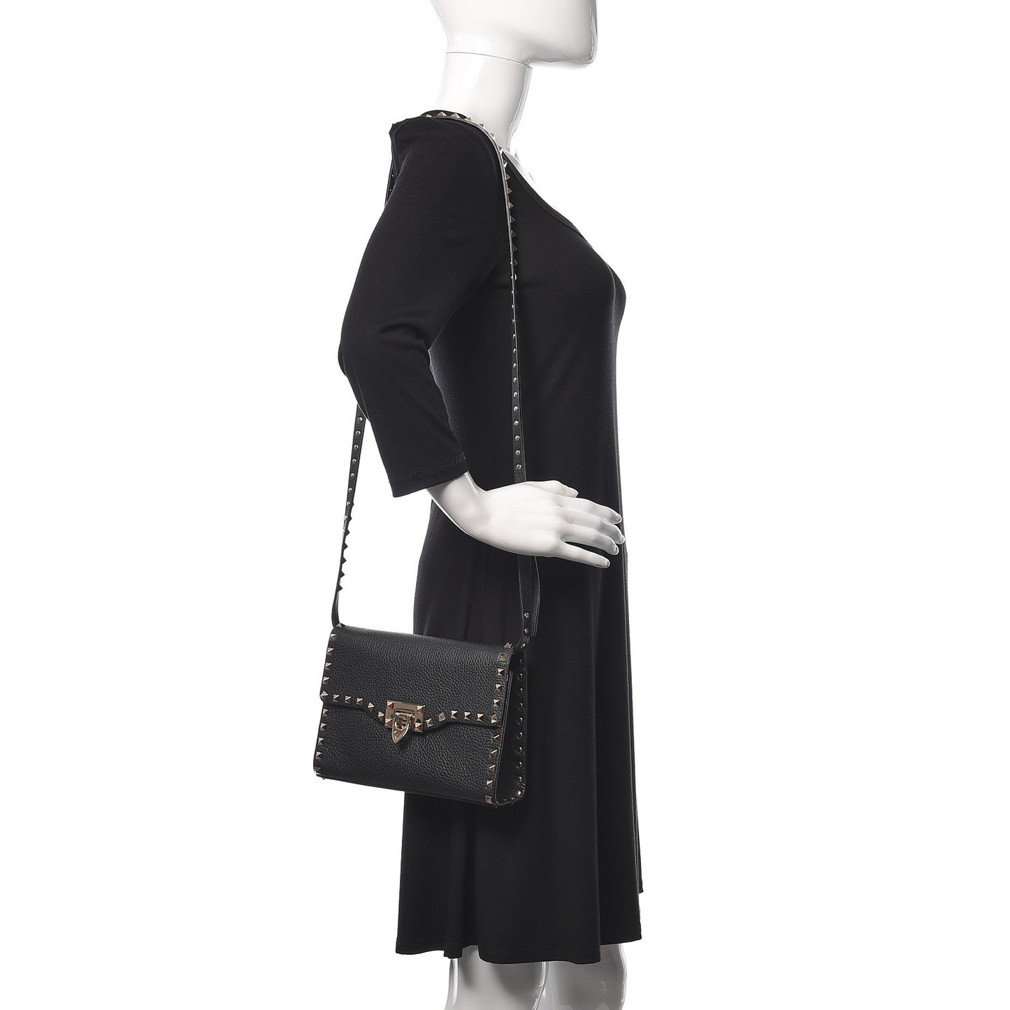 Pebbled Calfskin Medium Rockstud Flip Lock Crossbody Bag Black
