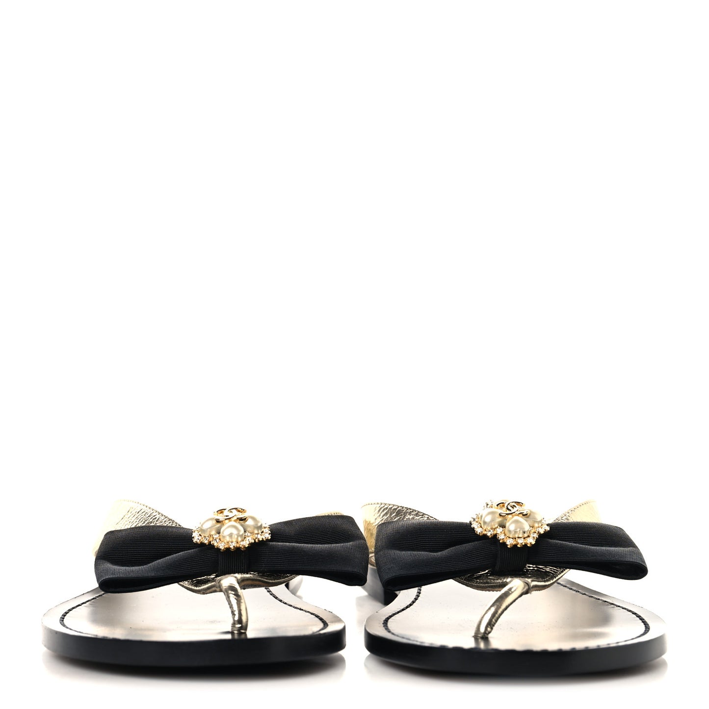 Metallic Laminated Goatskin Grosgrain Bow Pearl Thong Sandals 37 Gold