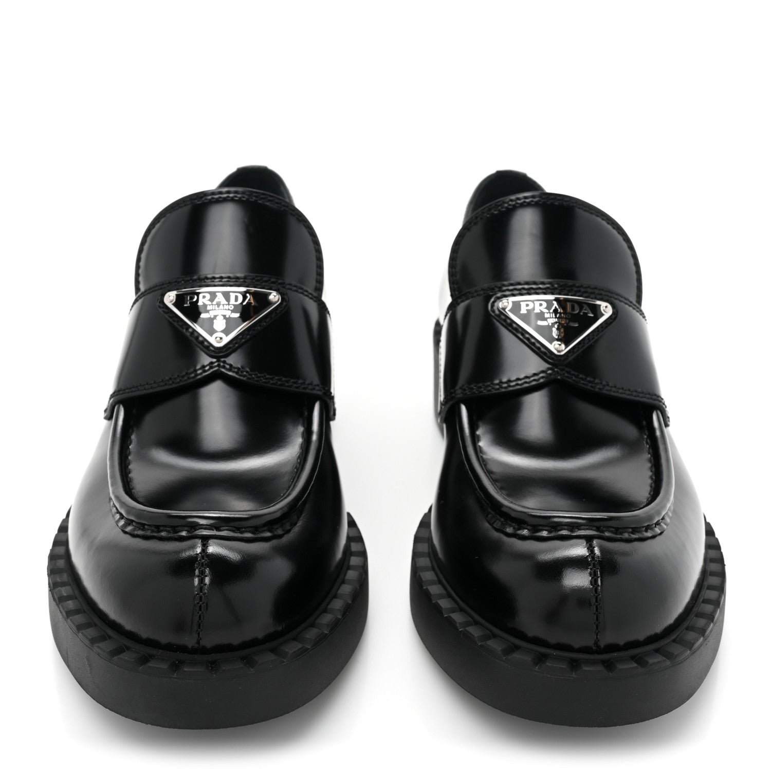 Prada Spazzolato Metal Triangle Logo 50mm Loafers 37.5 Black 2 of 8