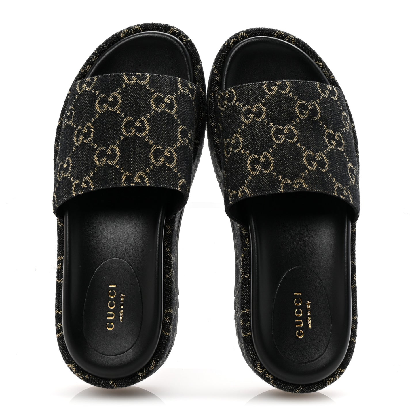 Jacquard Black Denim GG Monogram Angelina Platform 55mm Slide Sandals 36.5 Black Ivory
