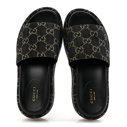 Gucci Jacquard Black Denim GG Monogram Angelina Platform 55mm Slide Sandals 36.5 Black Ivory 2 of 10