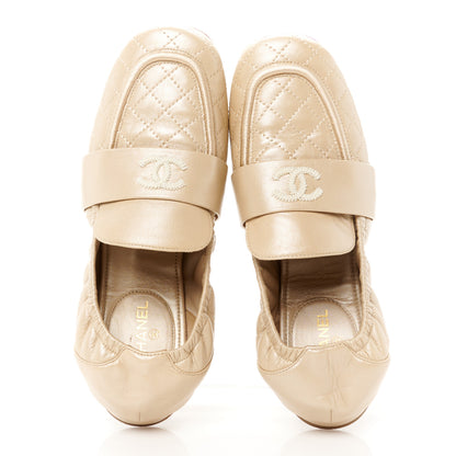 Chanel Laminated Lambskin Womens Quilted Elastic CC Moccasin Loafers 37.5 Beige 2 of 10