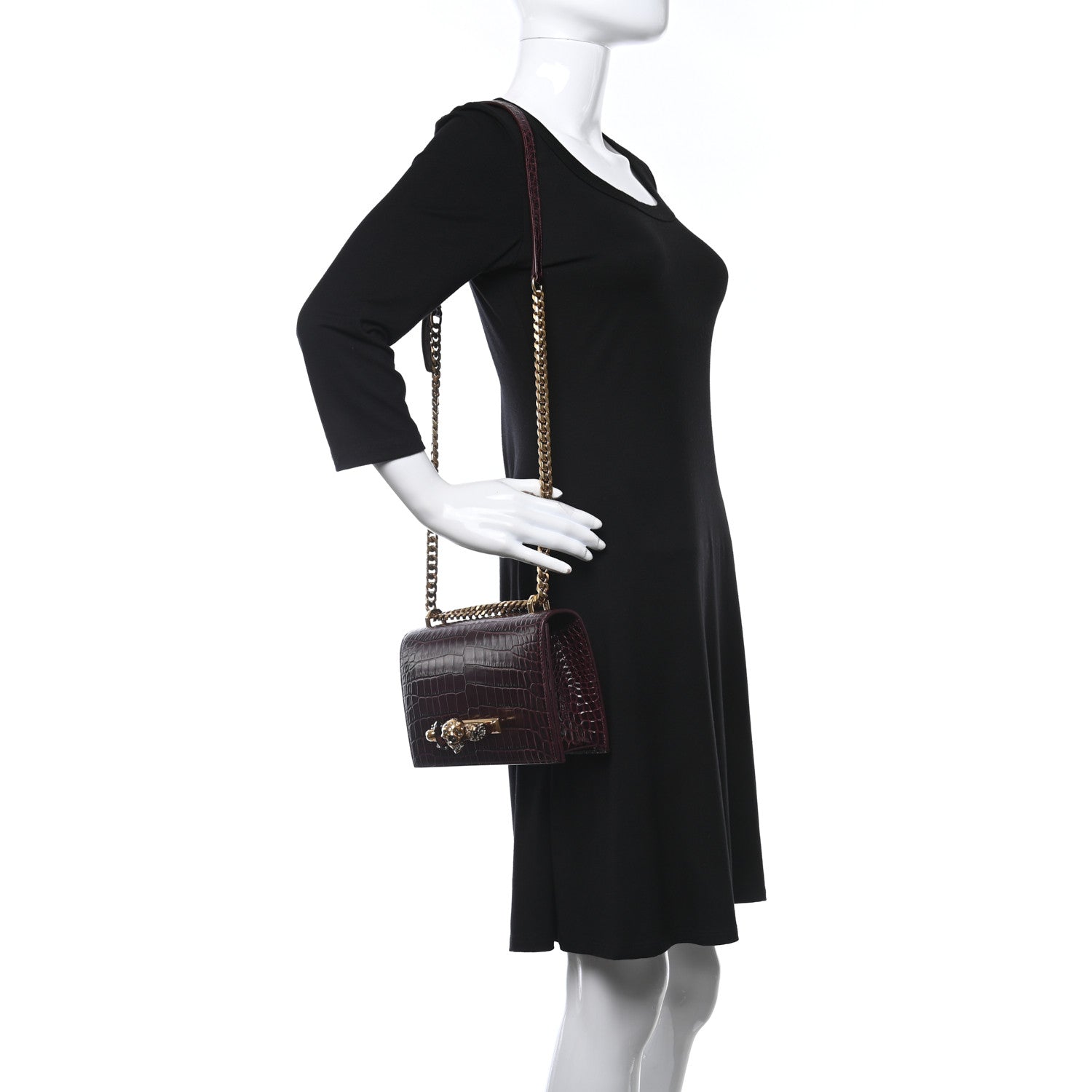Alexander McQueen Shiny Crocodile Embossed Jeweled Satchel Burgundy 2 of 8