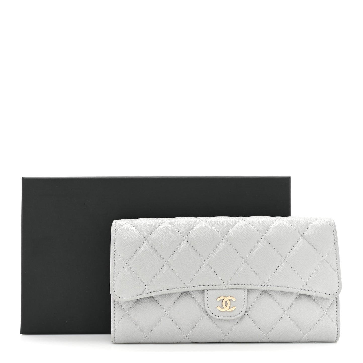 Caviar Quilted Large Gusset Flap Wallet Grey