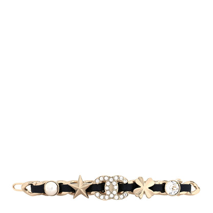 Chanel Lambskin Pearl Crystal CC Sergeant Hair Clip Barrette Gold 1 of 5