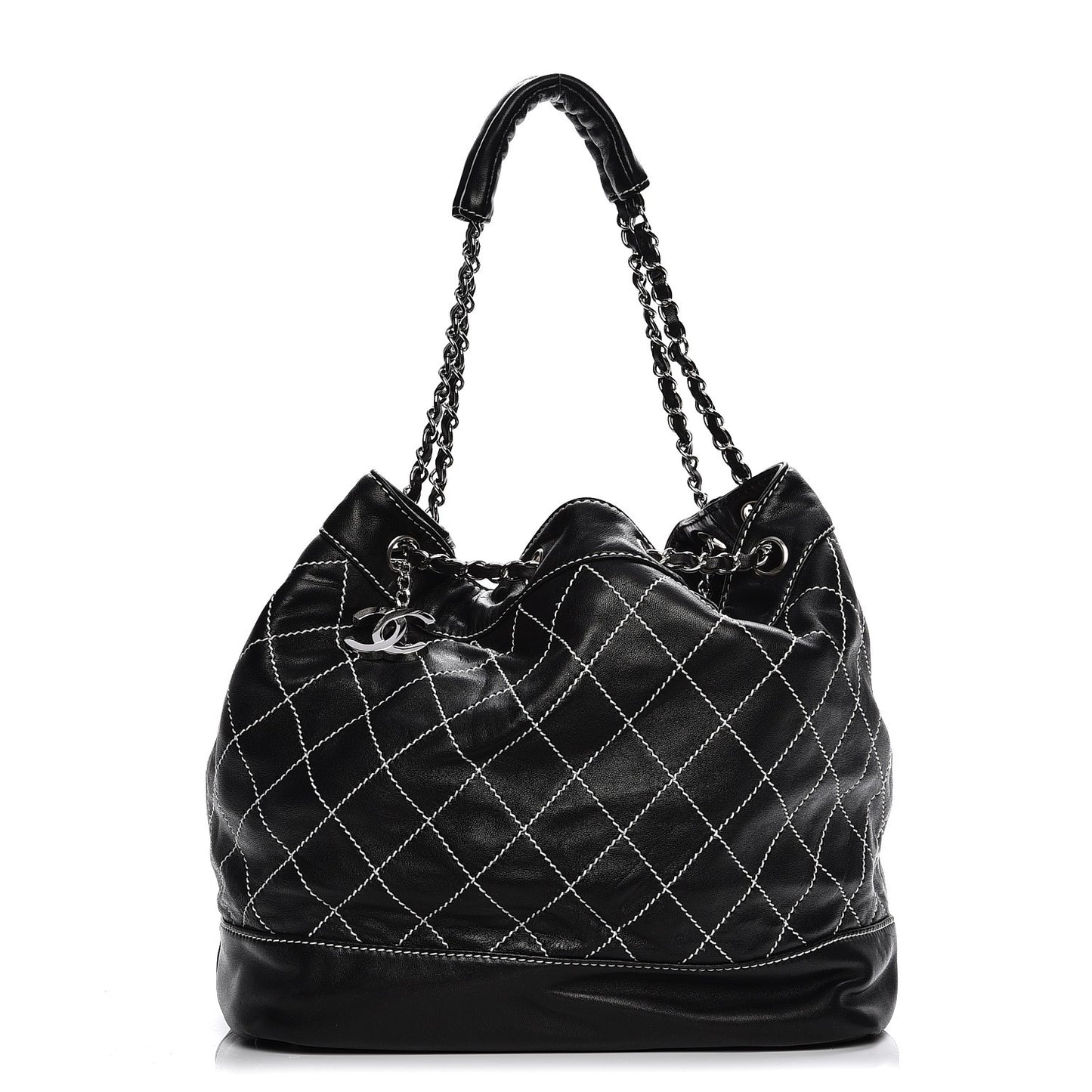 Lambskin Contrast Stitch Large Drawstring Tote Black