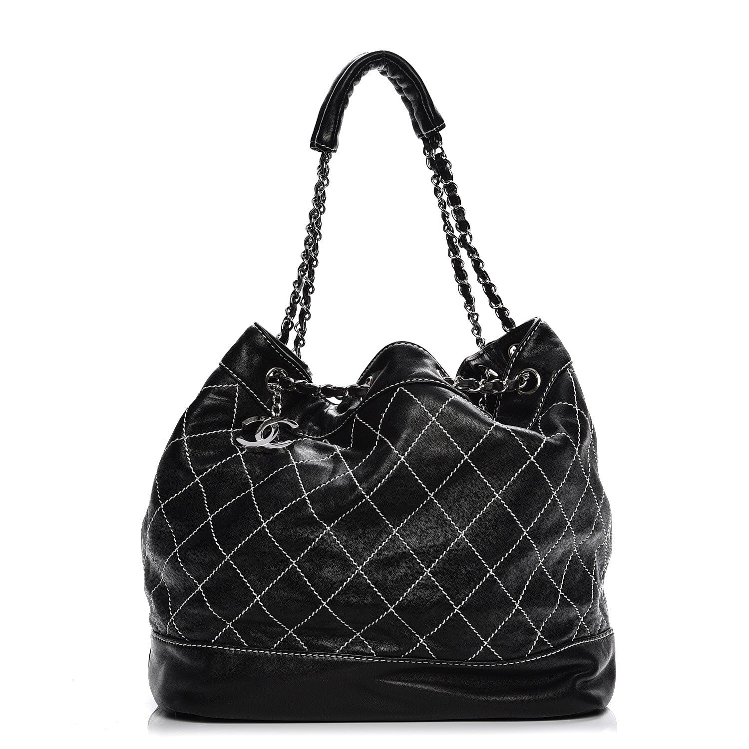 Chanel Lambskin Contrast Stitch Large Drawstring Tote Black 1 of 7