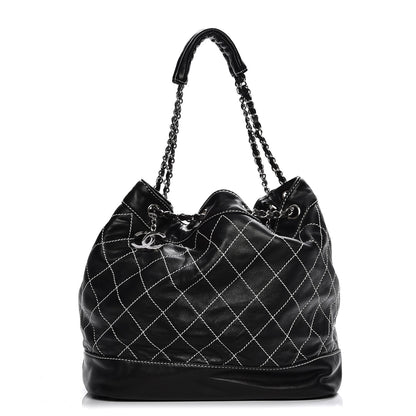 Chanel Lambskin Contrast Stitch Large Drawstring Tote Black 1 of 7