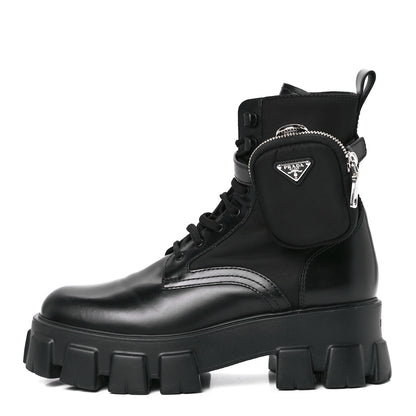 Prada Spazzolato Rois Re-Nylon Metal Triangle Logo Monolith Pouch Pocket 55mm Boots 41 Black 1 of 11