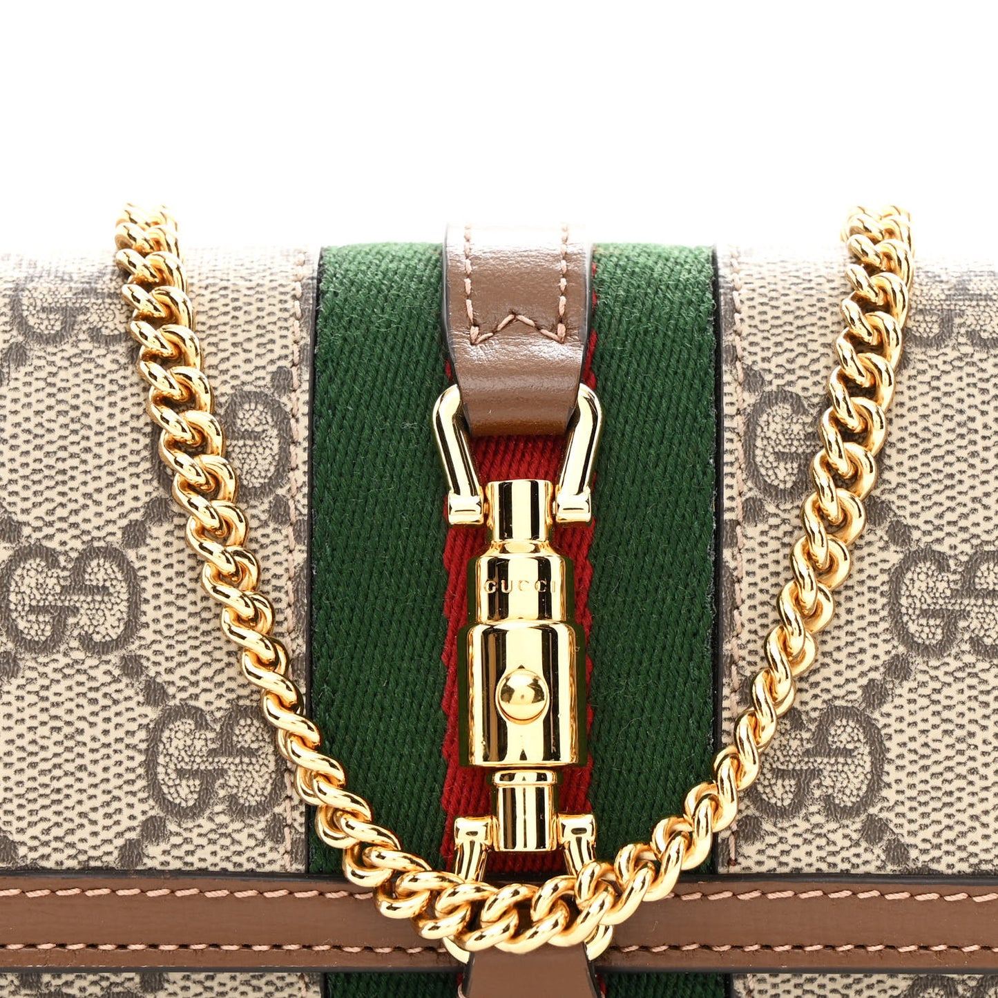 GG Supreme Monogram Azalea Calfskin Web Jackie 1961 Chain Wallet Beige Ebony Brown Sugar