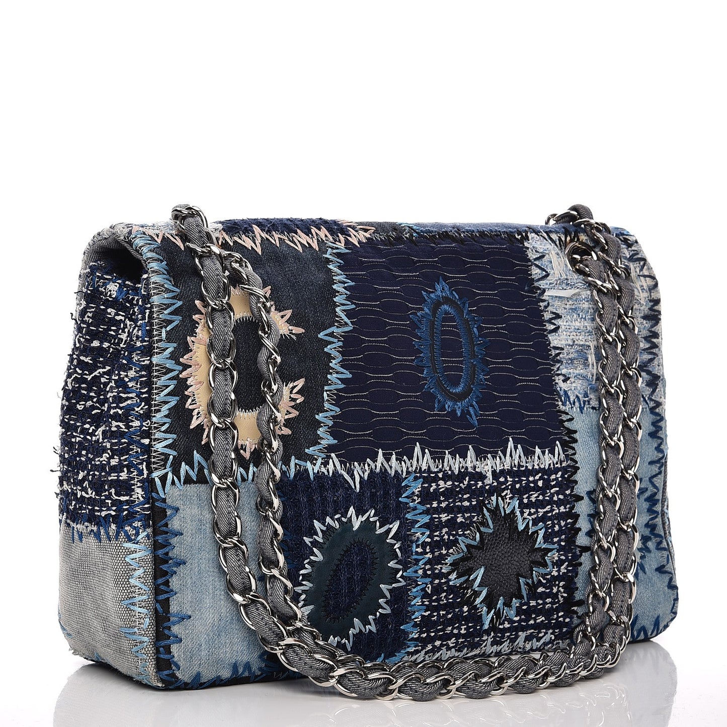 Denim Tweed Patchwork Jumbo Single Flap Blue
