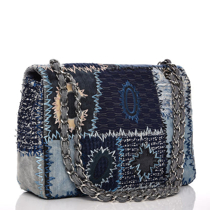 Chanel Denim Tweed Patchwork Jumbo Single Flap Blue 3 of 9