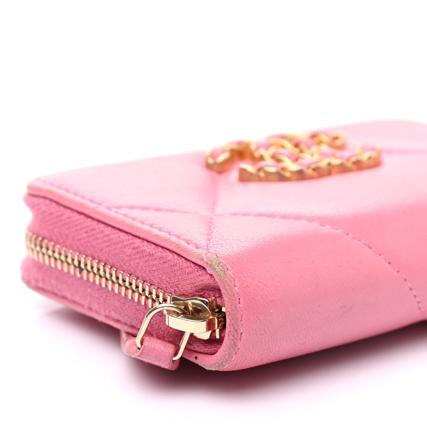 Lambskin Quilted Chanel 19 Zip Around Coin Purse Wallet Pink