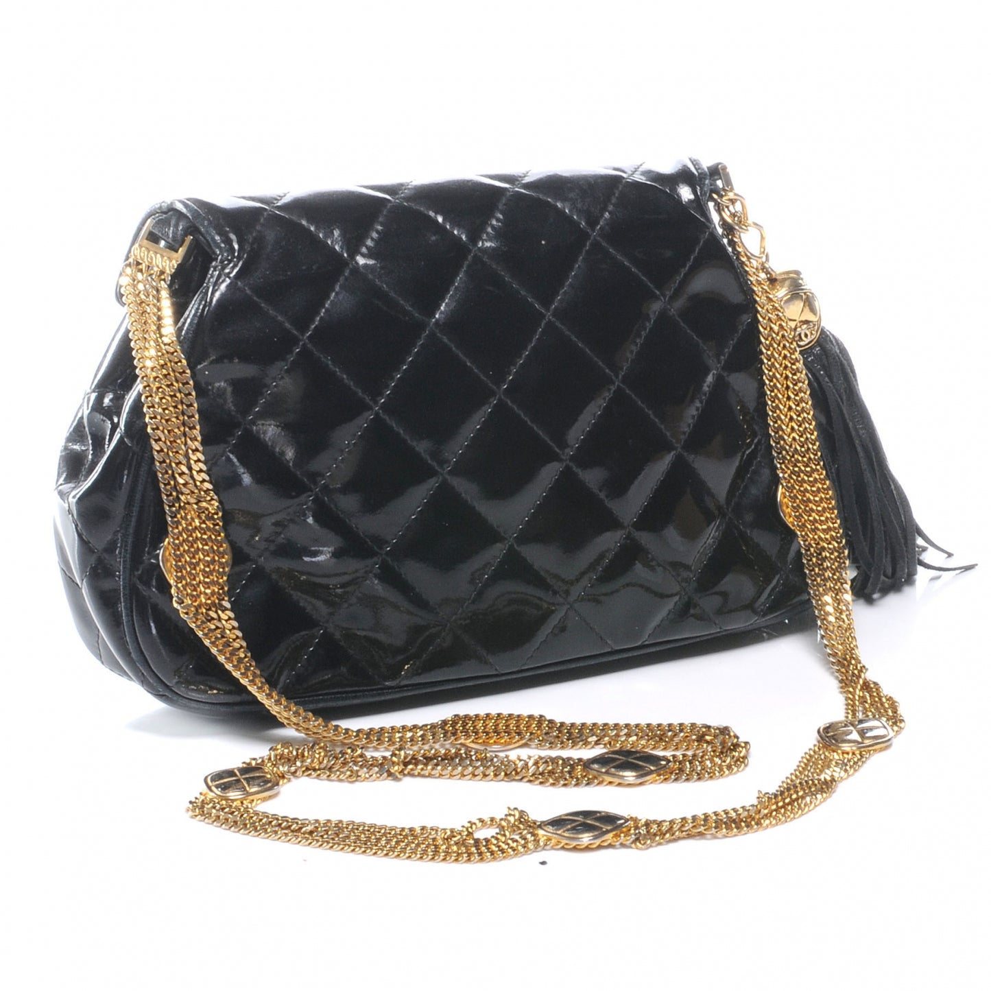 Patent Quilted Tassel Evening Bag Black