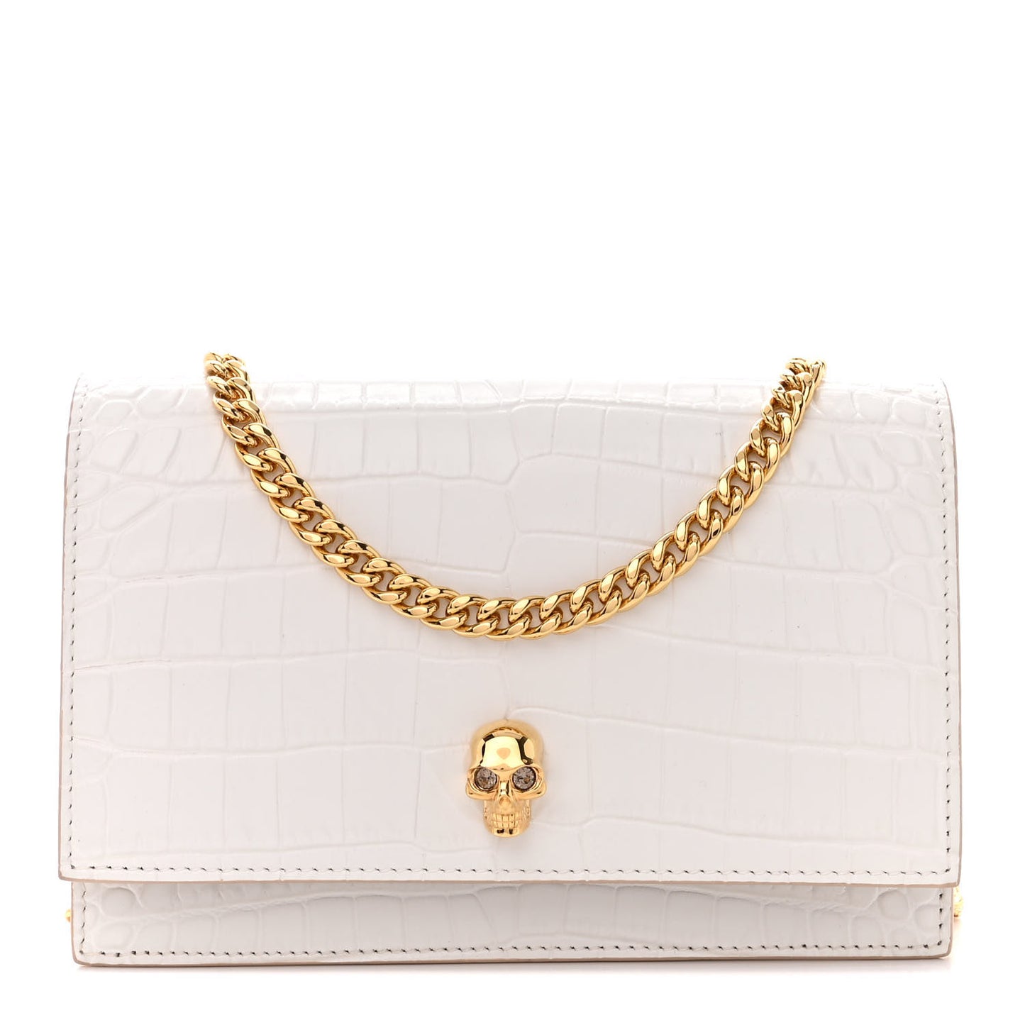 Calfskin Crocodile Embossed Skull Mini Crossbody Bag White