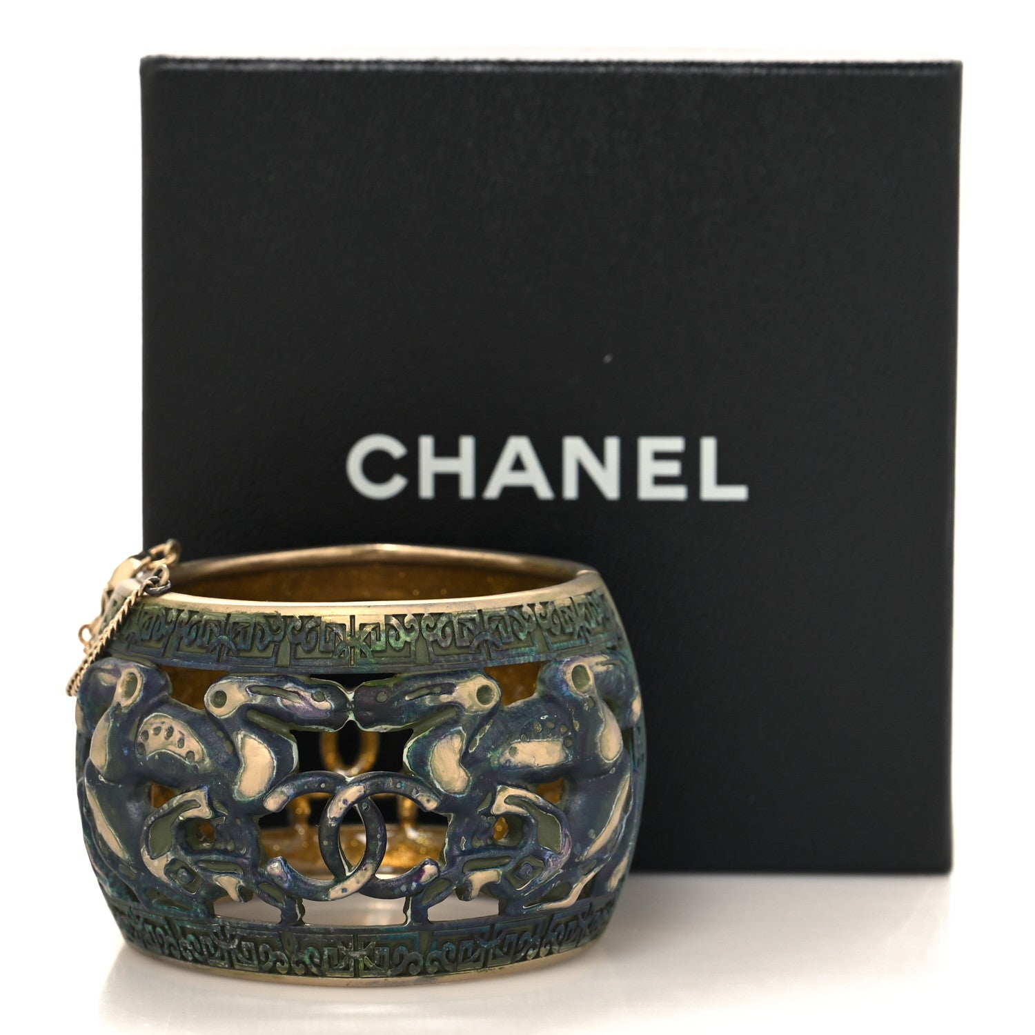 Chanel Metal Dragon CC Cuff Bracelet Gold Green 5 of 5
