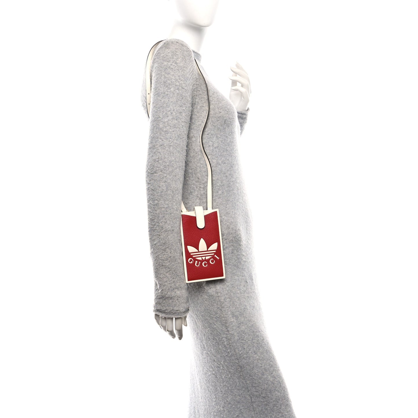 X ADIDAS Textured Dollar Calfskin Trefoil Embossed Phone Crossbody Bag Hibiscus Red Off White