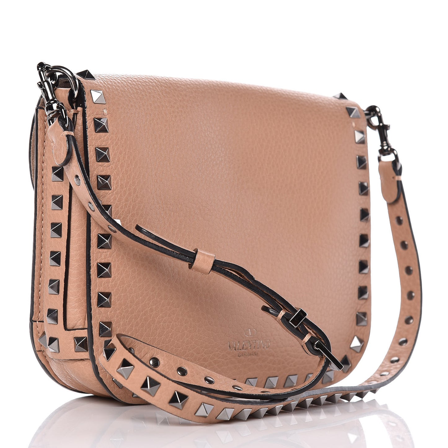 Pebbled Calfskin Rockstud Shoulder Flap Messenger Bag Soft Noisette