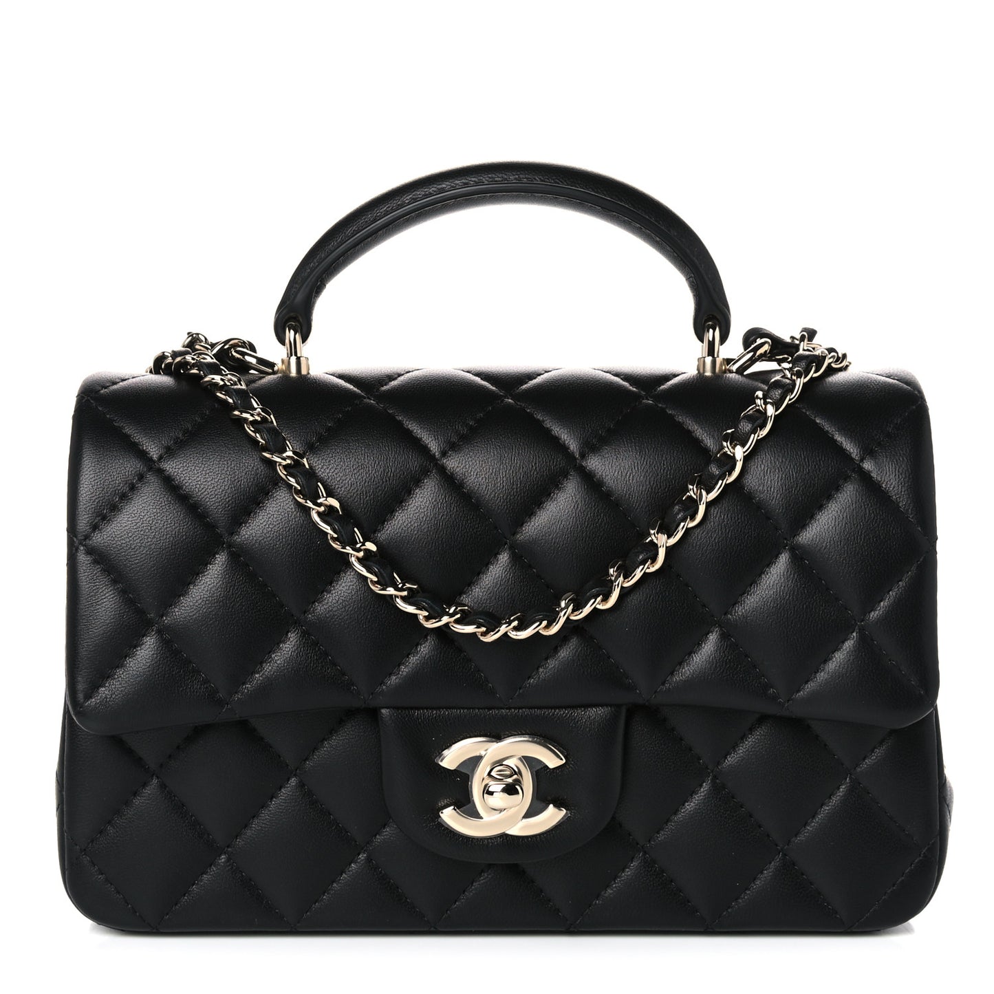 Lambskin Quilted Mini Top Handle Rectangular Flap Black