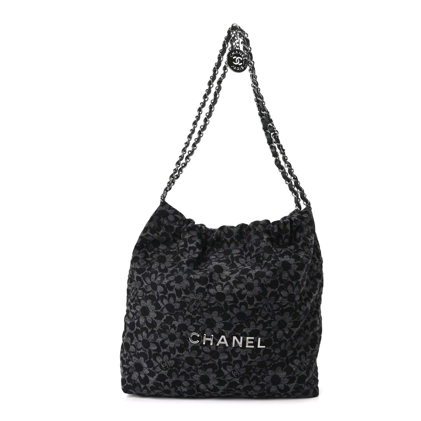Denim Quilted Floral Print Small Chanel 22 Black