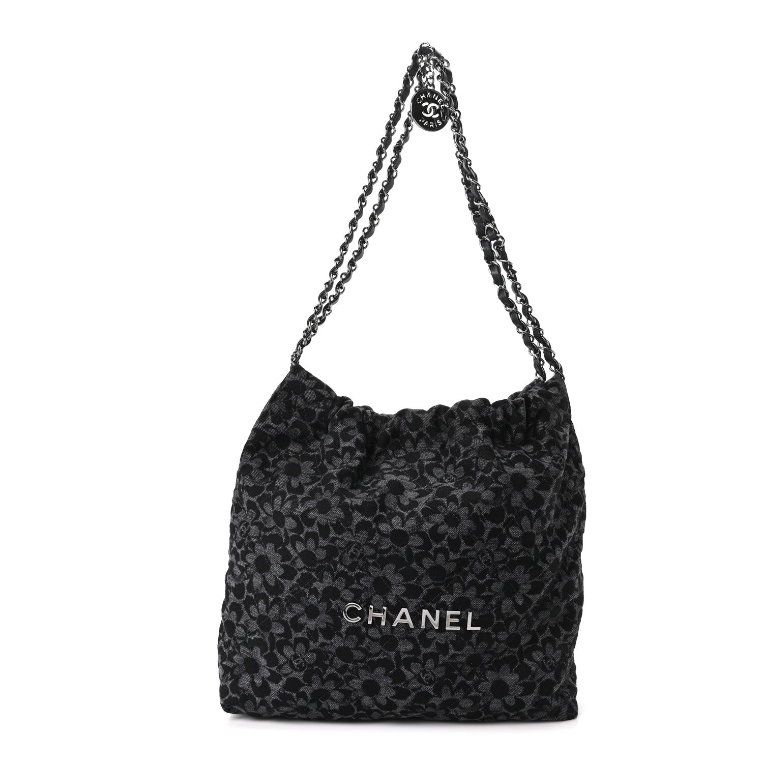 Chanel Denim Quilted Floral Print Small Chanel 22 Black 1 of 12