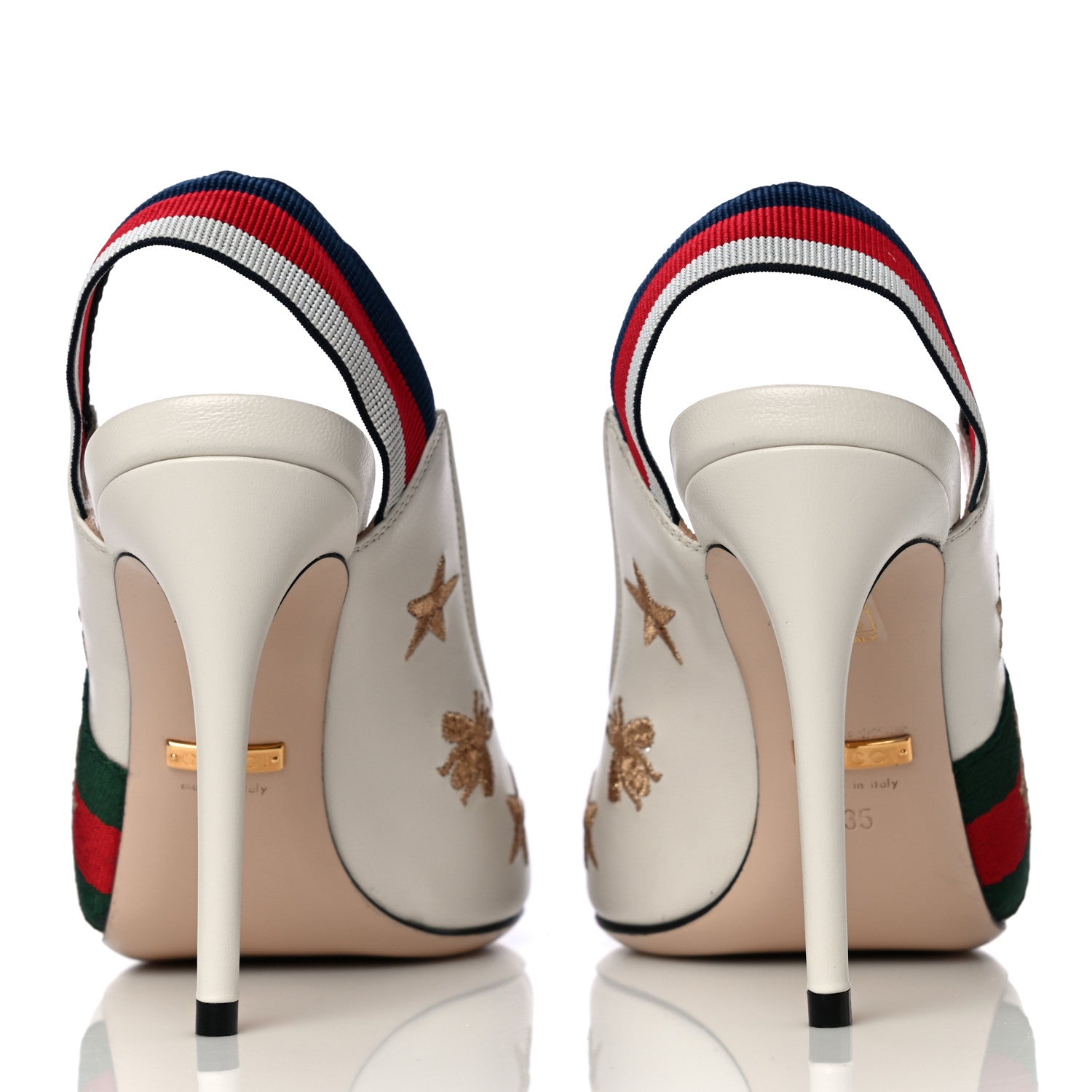 Gucci Malaga Kid Web Bee Star Embroidered Sylvie High Heel Slingback Pumps 35 White 6 of 14