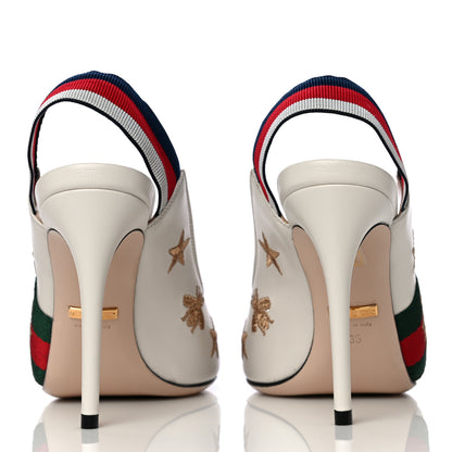 Gucci Malaga Kid Web Bee Star Embroidered Sylvie High Heel Slingback Pumps 35 White 6 of 14