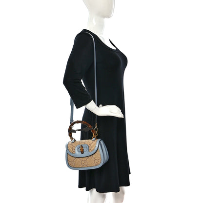 Gucci Raffia Textured Dollar Calfskin GG Monogram Small Bamboo 1947 Top Handle Bag Light Blue Natural 2 of 10
