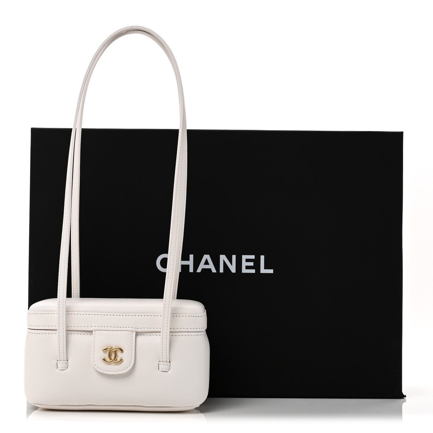 Shiny Caviar Preppy Coco Long Vanity With Strap White