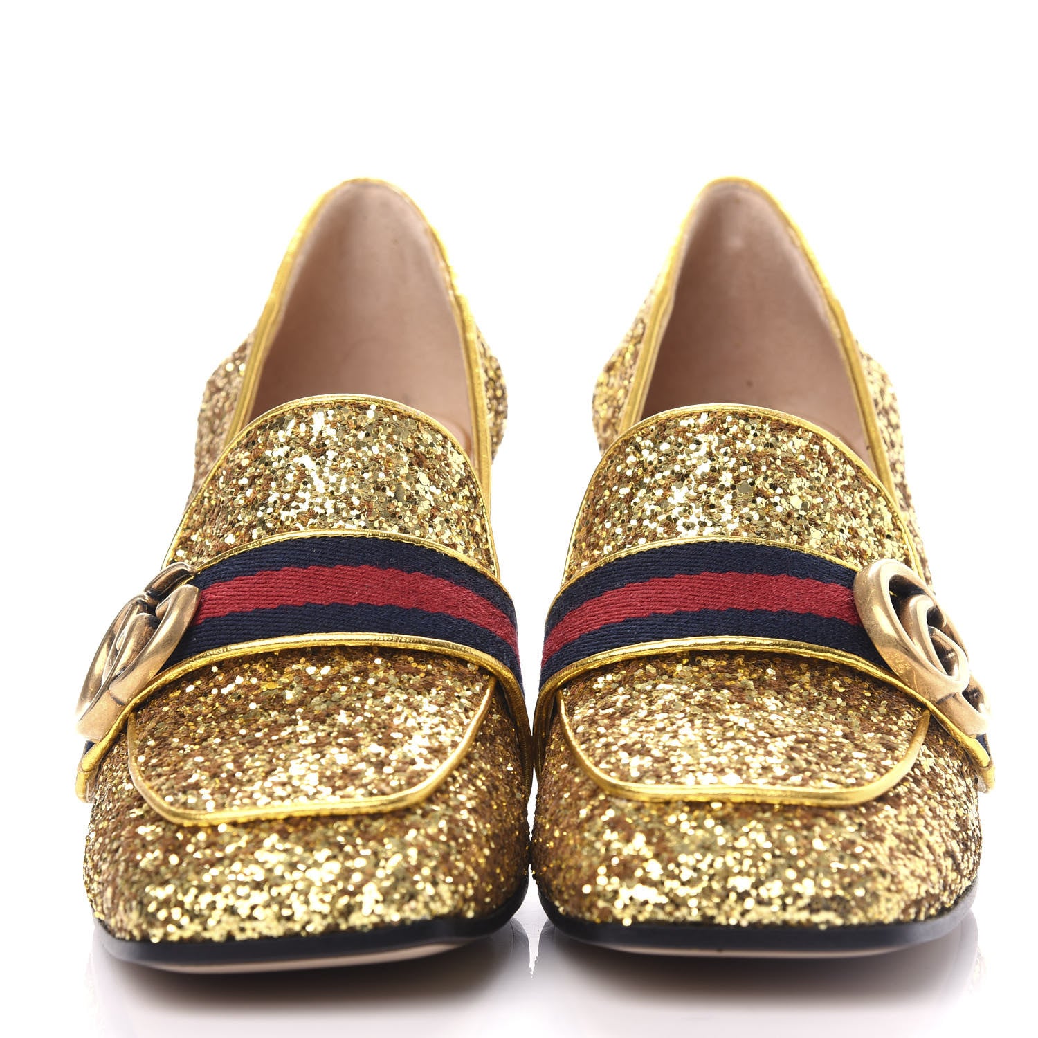 Gucci Glitter Nappa Web Peyton 75mm Loafer Pumps 37 Oro Vecchio 2 of 11