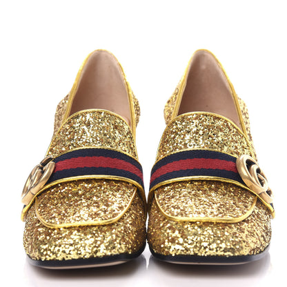 Gucci Glitter Nappa Web Peyton 75mm Loafer Pumps 37 Oro Vecchio 2 of 11