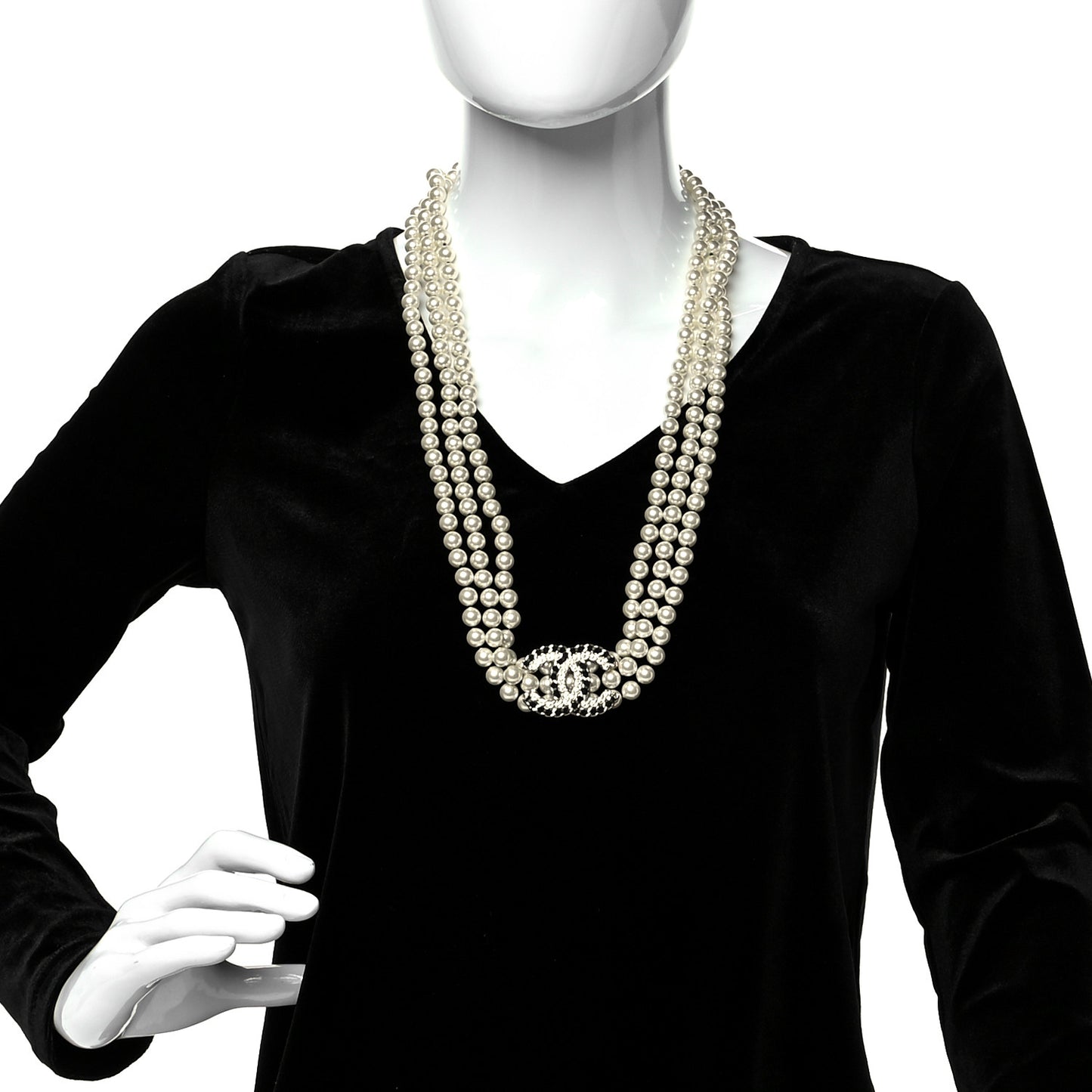 Pearl Chain Lambskin Multi-Strand CC Necklace Black Gold