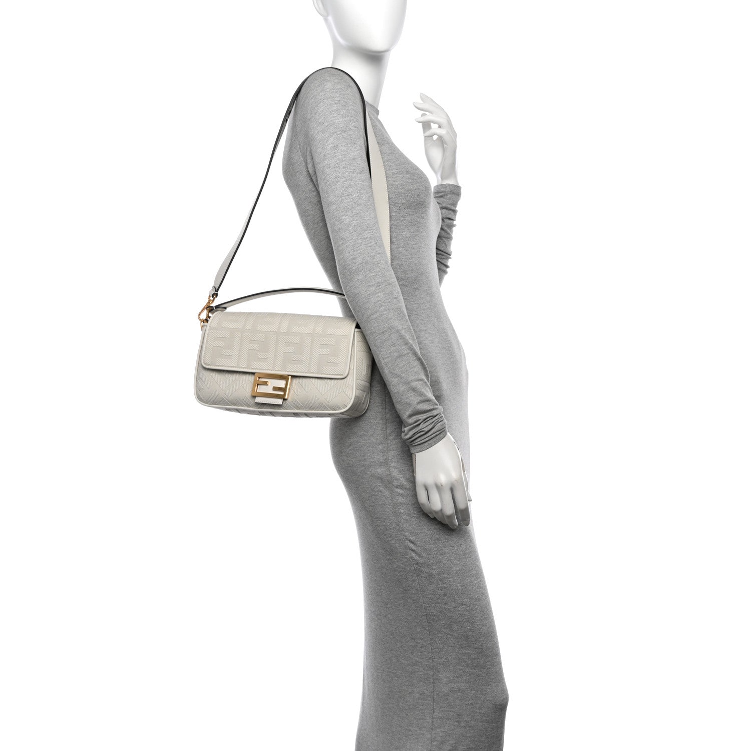 Fendi Canvas Vitello King Extra Strap FF Embroidered Baguette White Ice 2 of 12