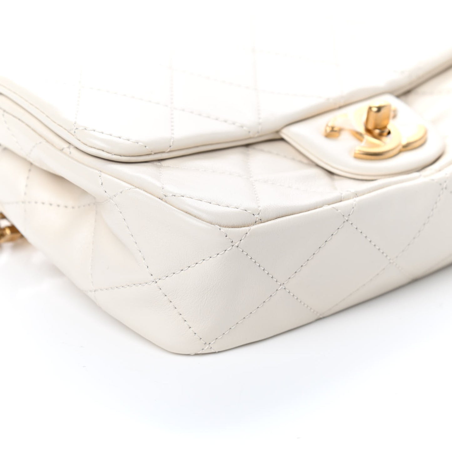 Calfskin Quilted Mini Crystal Pearls Rectangular Flap White