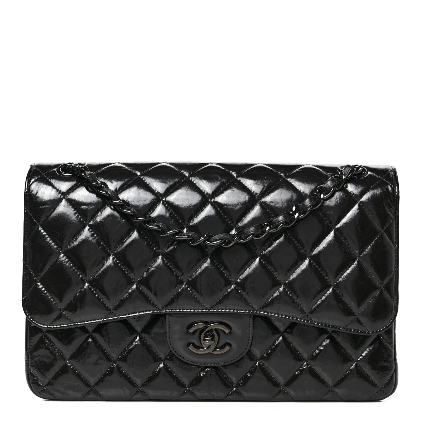 Shiny Distressed Calfskin Quilted Jumbo Double Flap So Black
