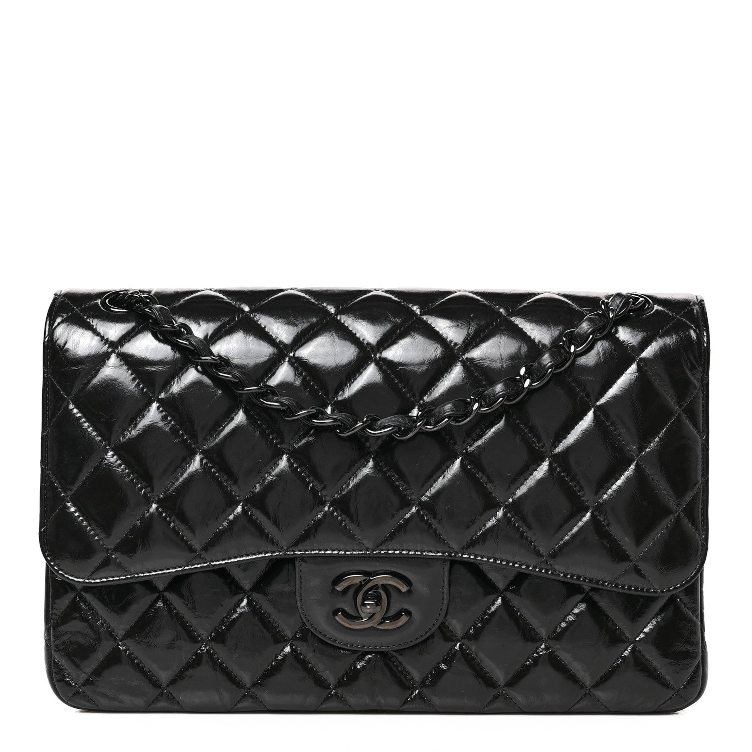 Chanel Shiny Distressed Calfskin Quilted Jumbo Double Flap So Black 1 of 10