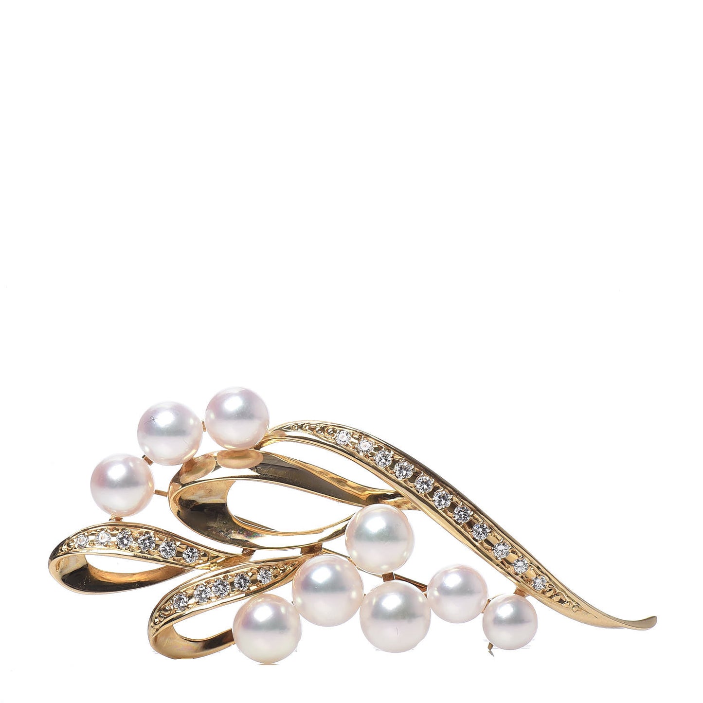 18K Yellow Gold Diamond Akoya Pearl 5-6.5mm Ribbon Brooch