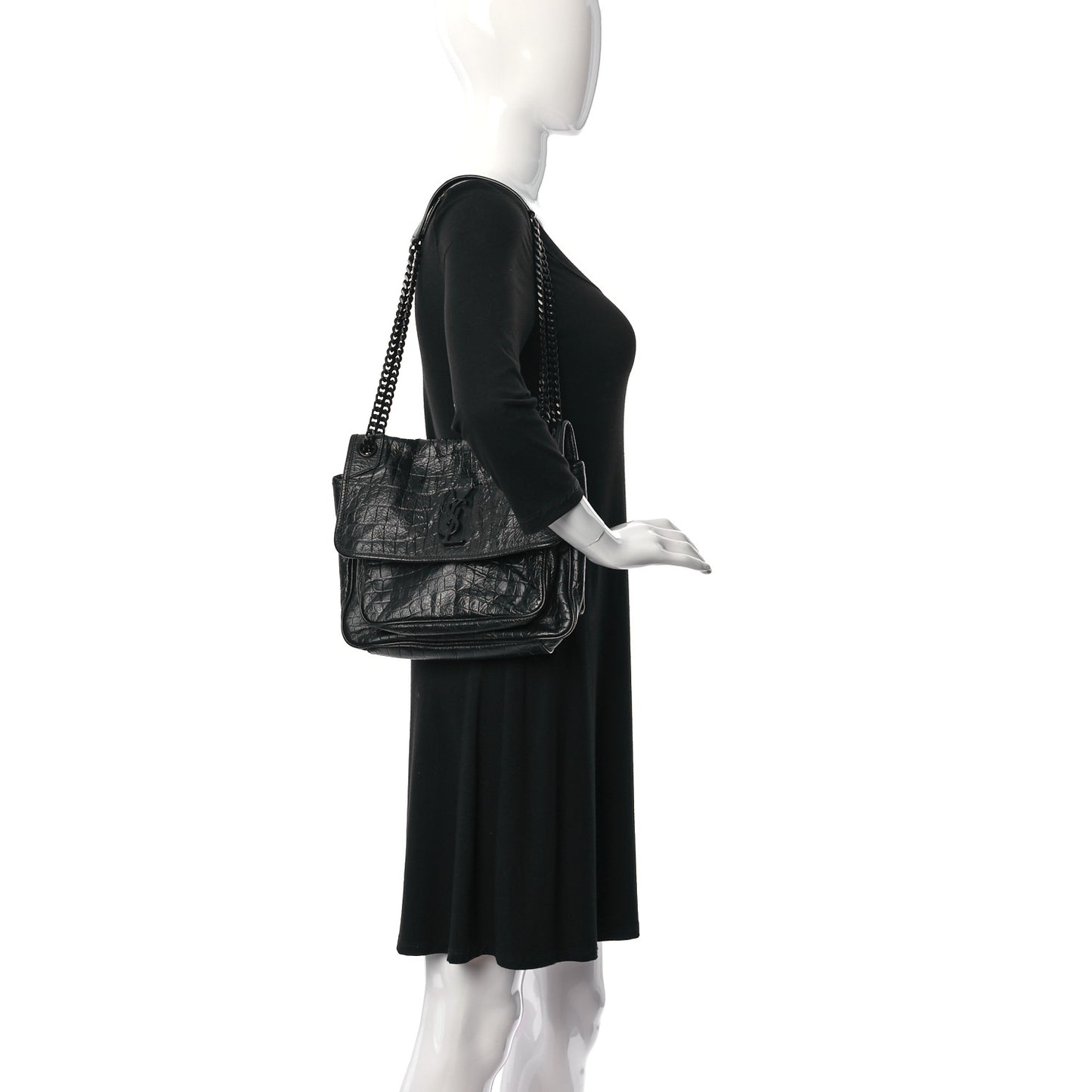 Crinkled Calfskin Crocodile Embossed Monogram Medium Niki Chain Satchel Black