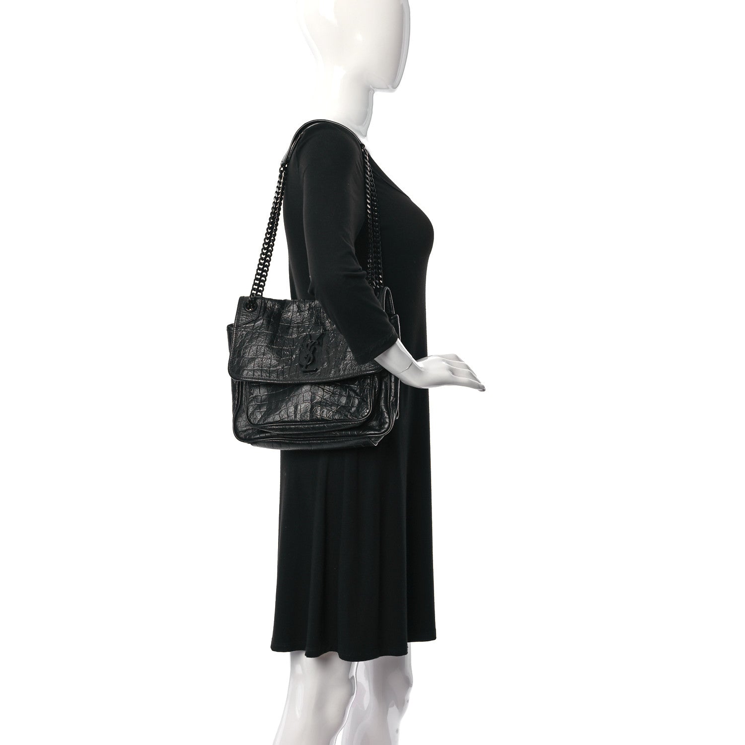 Saint Laurent Crinkled Calfskin Crocodile Embossed Monogram Medium Niki Chain Satchel Black 2 of 10
